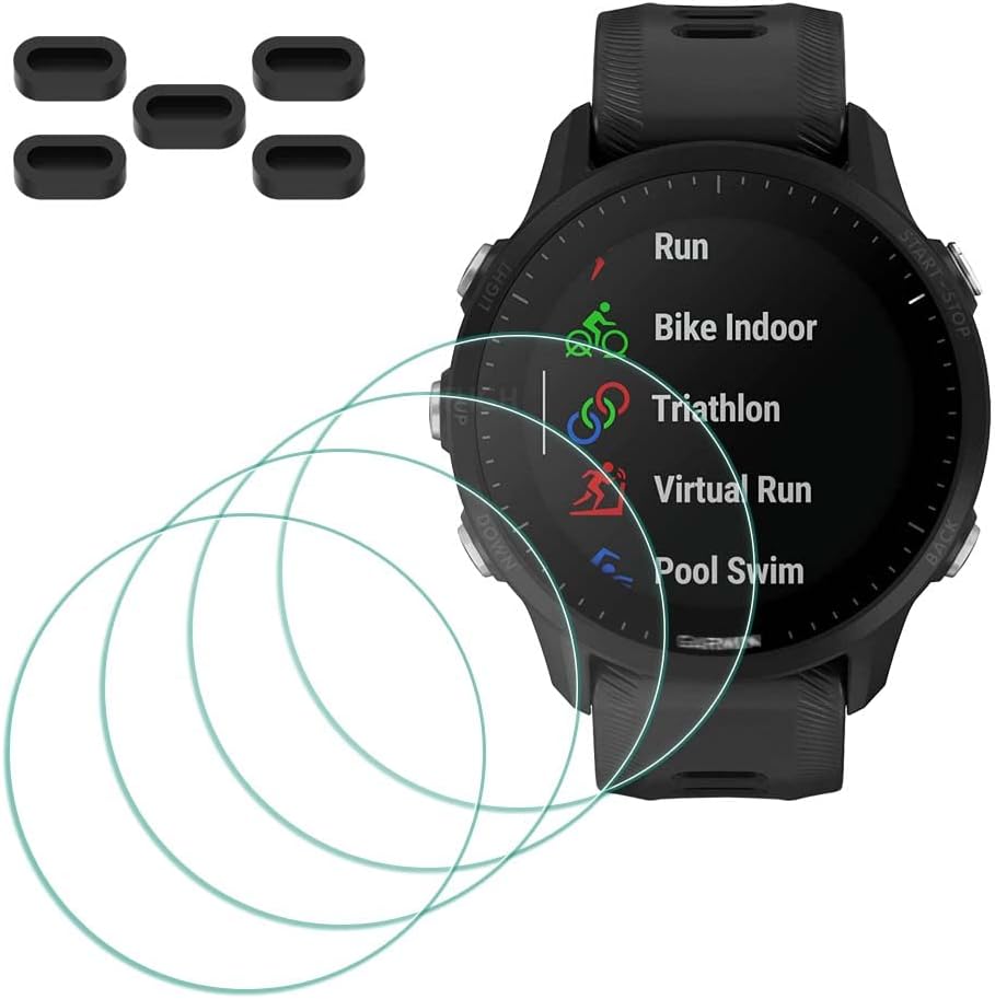 Screen Protector for Garmin Forerunner 955/955 Solar Smartwatch [4 Pcs] + Anti-dust Plugs 5Pcs, Tempered Glass 9H Hardness Sensitive Touch Bubble Free Film Ultra-Thin Protective Cover