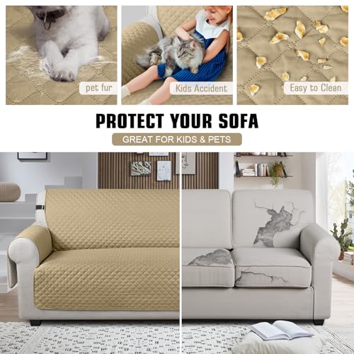 Image of TAOCOCO Sofa Protector 4 Seat Sofa Cover,Sofa Slipcovers with Storage Pockets,Anti Slip Couch Chair Covers,Washable Settee Cover for Pets(Sand)