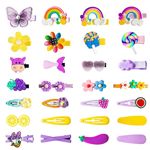 Kioomi 28Pcs Cute Hair Clips for Baby Girls, Kawaii Hairpins Butterfly Alligator Clips Colorful Rainbow Fruit Flowers Barrettes Hair Accessories for Girls Back to School Gift Birthday Party Favors