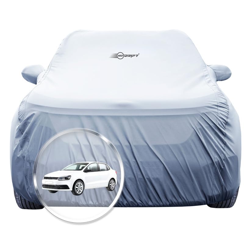Image of NEODRIFT 'SilverTech' Car Cover for Volkswagen Ameo (100% Water-Resistant, All Weather Protection, Tailored Fit, Precision-Fit & Breathable Fabric) (Colour: Silver)