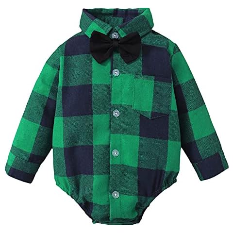 ROMPERINBOX Infant Flannel Buffalo Plaid Baby Shirt Short Long Sleeve Button Down Cardigan Boy Girl Outfit Bodysuit (Green Long,18-24 Months) Cover