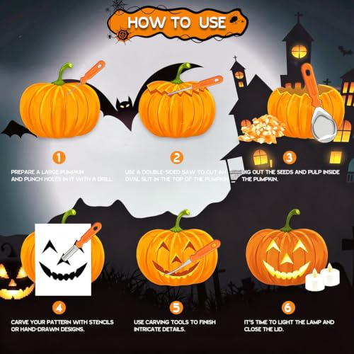 Halloween Pumpkin Carving Kit,27 PCS with stencils，Professional and Heavy Duty Stainless Steel Tools& pumpkin carving candle&Pumpkin Creative Painting，Halloween Decoration Gift Jack-O-Lantern - image 4