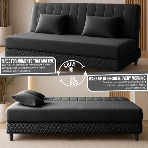 Image of Rosebell Modern 3 Seater Velvet Sofa Cum Bed with Cushion | Premium Upholstered Fabric | Tufted Backrest | Wooden Legs | Living Room Furniture | Black