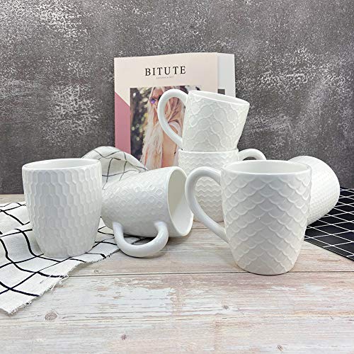 Schliersee White Ceramic Coffee Mugs set of 6, Stylish Embossed Coffee Cups Set with Different Patterns, for Coffee, Tea, Milk, Cocoa, Cereal (13.5 Ounce)
