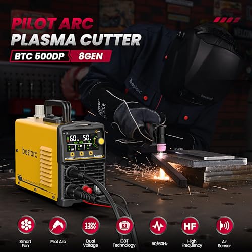 Image of Bestarc Pilot Arc Plasma Cutter, [LED Display][Air Sensor] 50A Plasma Cutter Machine 110 /220V Dual Voltage, 1 /2'' Clean Cut 3 /4 Inch Max Cut, Post Flow Mesh, 2T /4T for Beginners DIY, Yellow