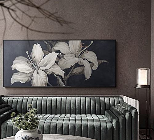 Large Black and White Flowers Canvas Art Wall Decor for Living Room-Modern Floral Pictures with Outer Frame for Bedroom Home Office Decoration Ready to Hang 24" x 48"