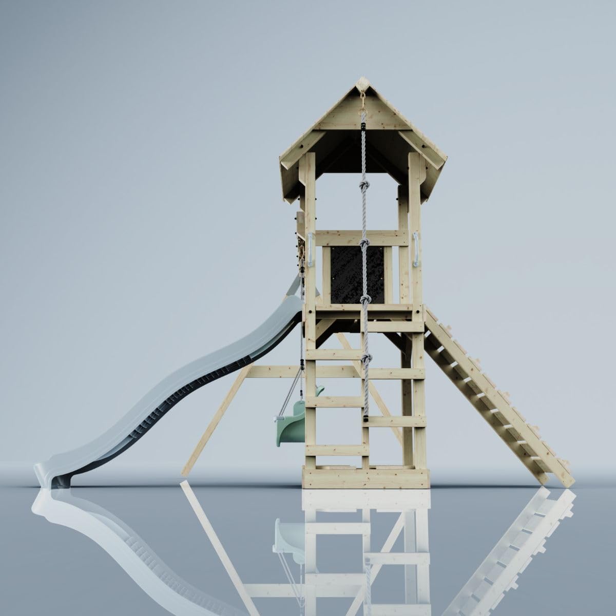 Rebo Spielturm mit Wellenrutsche und Kinder-Schaukel, Outdoor Klettergerüst Garten,Eisblau