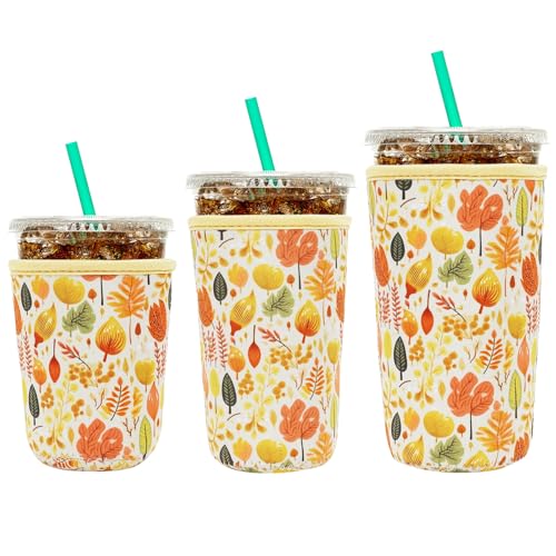 YR Reusable Neoprene Insulator Sleeve for Iced Coffee Cups, 3 Pack Coffee Coolies sleeves for Iced & Hot Drinks, Cold Beverage Cooler Compatible with Cold Soda and More (Fall Leaves)