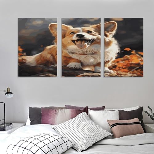 Toile murale triptyque corgi pour décoration verticale de salon