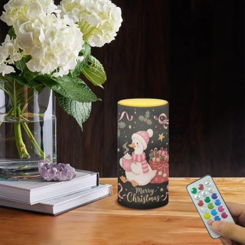 Image of Poceacles Christmas Home Decor Flameless Candle Electric LED Lights with Timer Remote Color Lights, Merry Christmas Print Tealight for Outdoor Indoor, Porch Goose Print