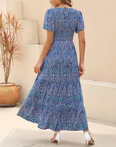 Image of Kranda Women 2025 Summer Fall Crewneck Short Sleeve Smocked Floral Maxi Dress