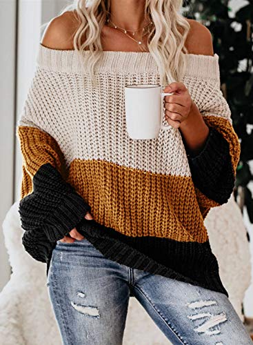 Image of VIMPUNEC Womens Off Shoulder Color Block Sweater Oversized Pullover Top