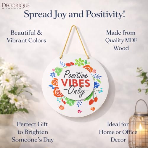 Image of DECORIQUE Positive Vibes Only MDF Wall Hanging Home Decor Round Decorative Sign for Living Room Bedroom Office Entryway Interior Wall Decoration
