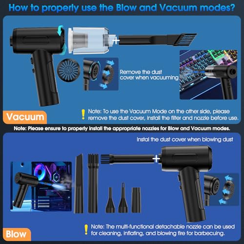 Compressed Air Duster, 100000RPM Handheld Car Vacuum/Air Blower& Pump, 3 Gear Adjustable Electric Air Duster/Car Vacuum Cleaner, Keyboard Duster with LED Light-10 Kits Air Blower for Computer