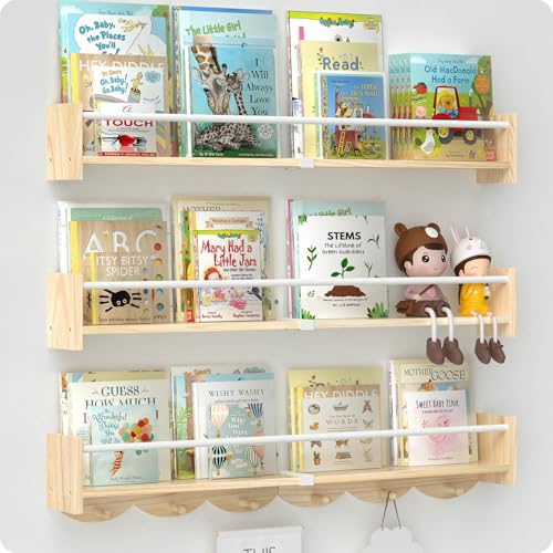 Image of Bidami Nursery Book Shelves 34 inchs, Floating Book Shelves for Wall Nursery, Wall Mount Nursery Shelves Set of 3, Perfect for Living Room, Kids Room, Playroom & Bedroom.