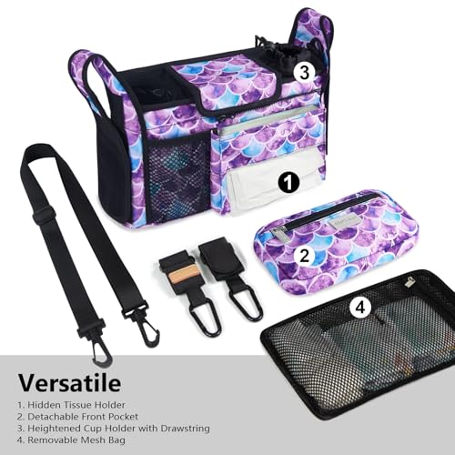 Image of TOPDesign Universal Baby Stroller Organizer, Stroller Caddy with Detachable Mesh Bag & Heightened Insulated Cup Holders & Non-Slip Secure Hooks Accessories, Fits Most Strollers (Mermaid)