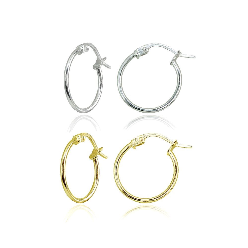 Hoops 4 Less2 Pair Set Sterling Silver & Yellow Gold Flashed Tiny or Small High Polished Round Thin Lightweight Unisex Click-Top Hoop Earrings, Choose a Size