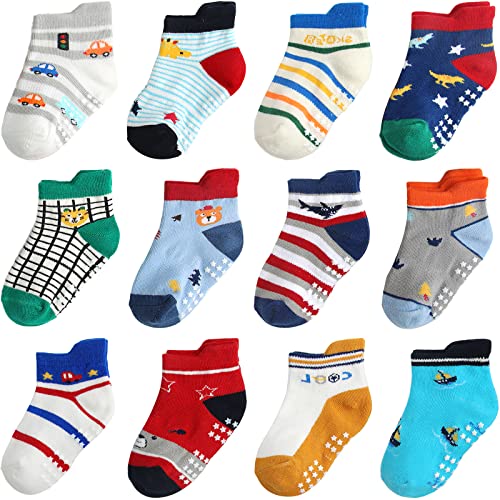 Toddler Socks Non Slip Grip Cute Cotton Baby Socks 12 Pack for Toddler Boys Girls Kids