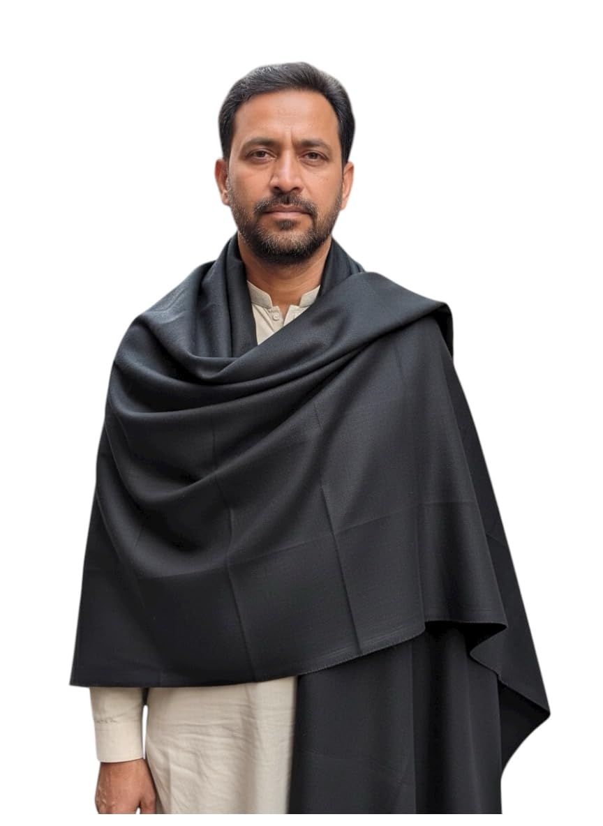Traditional Black Lohi Pashmina Shawl, Full Size Mens Wrap, Plain Design, Elegant Traditional Style-image-13