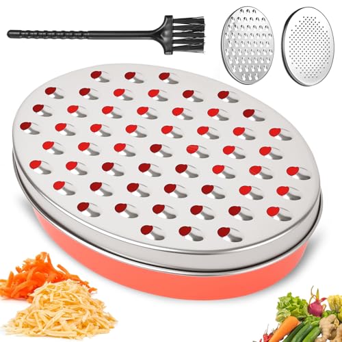 BieMian Cheese Grater with Container and Lid Food Graters for Kitchen Cheese Shredder Stainless Steel Vegetable Chopper for Home Ginger Fruit Chocolate Grater Coarse & Fine Grinding (Red)