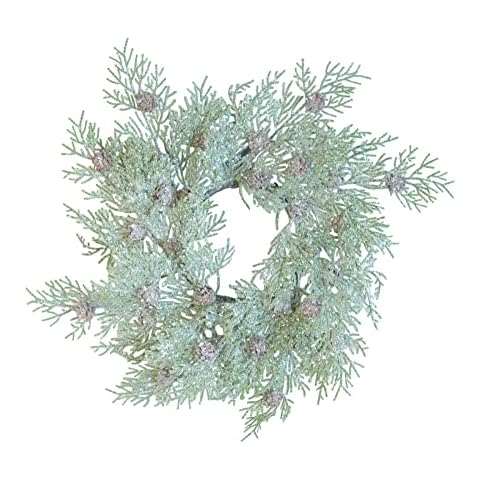 12 Inch Glittered Artificial Cedar Candle Ring with Pine Cones, Small Cedar Window Wreath, Christmas Pillar Candle Holder and Glass Hurricane Ring Cover