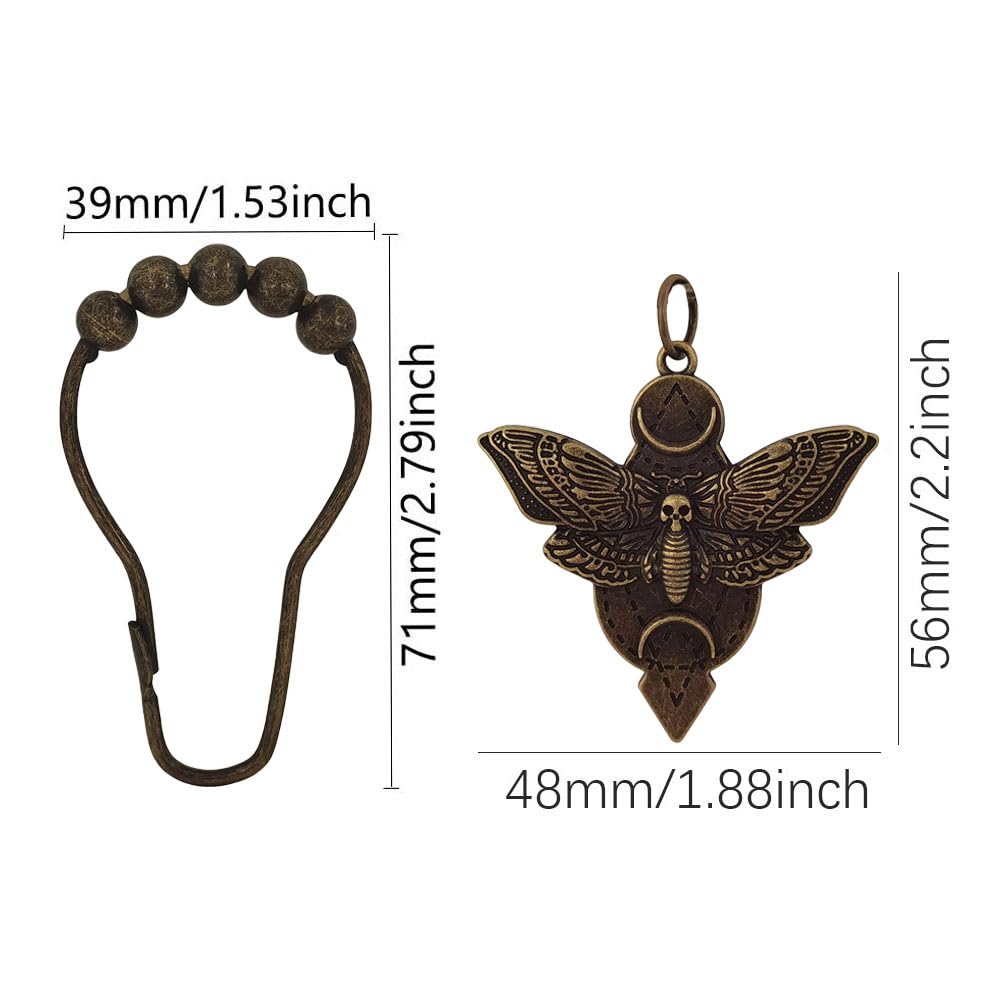 Gothic Death Moth Skull Shower Curtain Hooks Rings, Rustproof Vintage Bronze Shower Hook 12PCS with Death Moth Skull Moon Mystic Celestial Theme Bathroom Decorative Accessories (Bronze)
