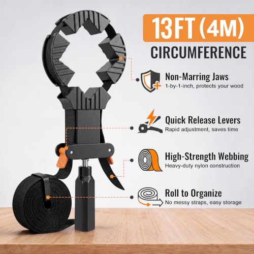 Image of Feekoon 13 FT Belt Band Strap Clamps for Woodworking, Quick Release Band Clamps with 4 Corner Claws, Thick and Sturdy Belt Clamp, Adjustable Picture Frame Clamp Tool (12 Pack)