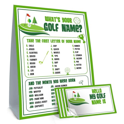 Funny Golf Theme Game Cards Set, What's Your Golf Name Game, Including 1 Sign and 30 Stickers, Perfect for Birthday Party Activities