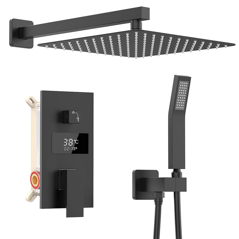 Duschsystem Schwarz Unterputz Duscharmatur Set inkl.30X30cm Kopfbrause, Duschsystem mit Temperatur LCD Display, Regendusche Schwarz, 200mm Handbrause, Messingkörper, 1.5m Brauseschlauch, 37cm Hoche