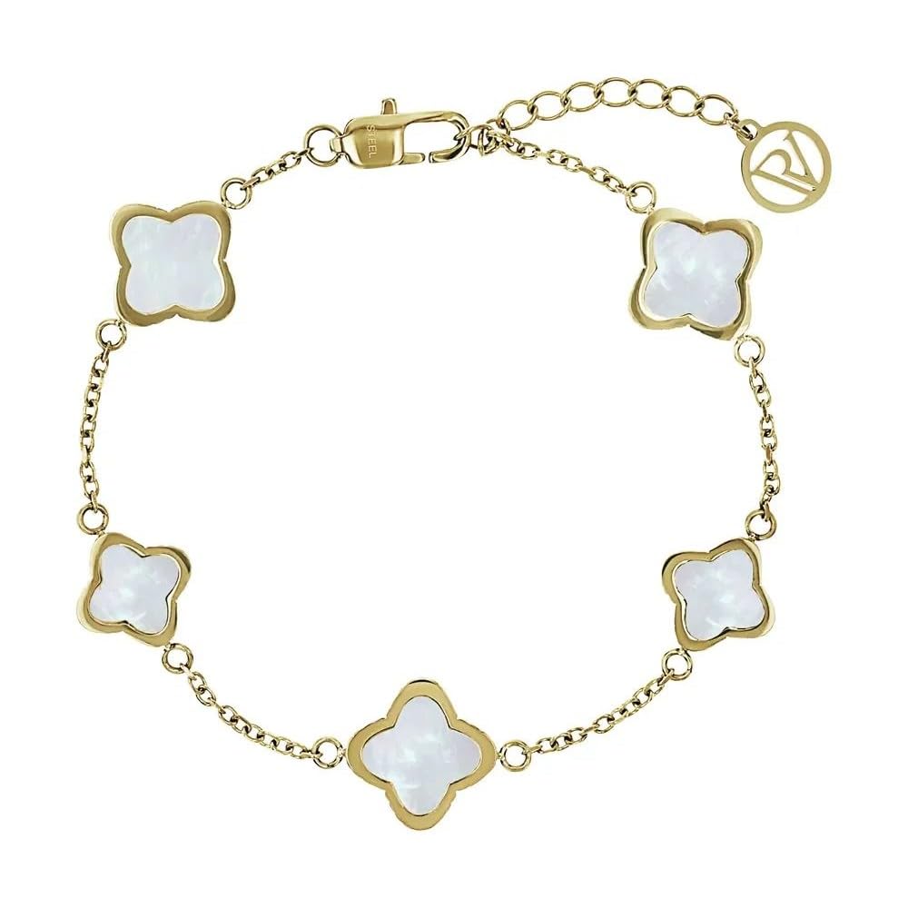 PAUL VALENTINE Garden Dash Bracciale da Donna in Acciaio Inossidabile - Ciondolo Floreale in Madreperla 16-18,5 cm