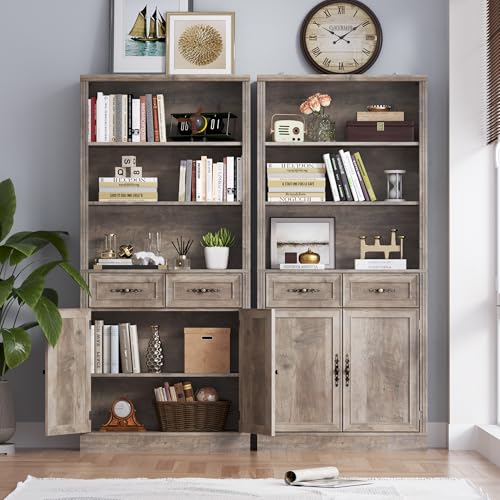 Image of BORNOON 70.1 inch Tall Bookshelf with Drawers & Cabinet, 5-Tier Floor Standing Bookcase with Storage Doors, Adjustable Shelves & Metal Handles, 31.5 inch Wide Organizer for Home Office, Living Room