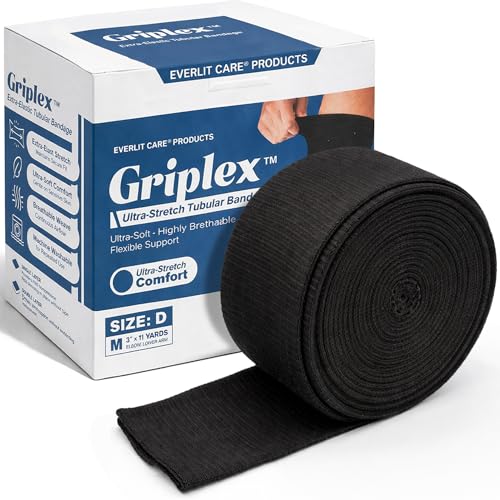 Everlit Care Griplex Black Tubular Compression Bandage Breathable Elastic Support Wrap for Arms & Elbows | Sports Injury Recovery & Tissue Support for Sprains Swelling Lightweight Seamless Tube Bandage (3 x 11yd)