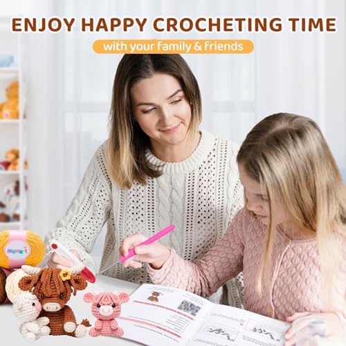 Image of Mewaii Beginner Crochet Kit with 40% Extra Yarn, Pre-Started Yarn & Video Tutorials - 3 Highland Cows Craft Set for Adults & Kids | 40% Extra Yarn, Video Tutorial, Pre-Started Piece, Beginner Friendly, Family Craft Gift for Adults & Kids
