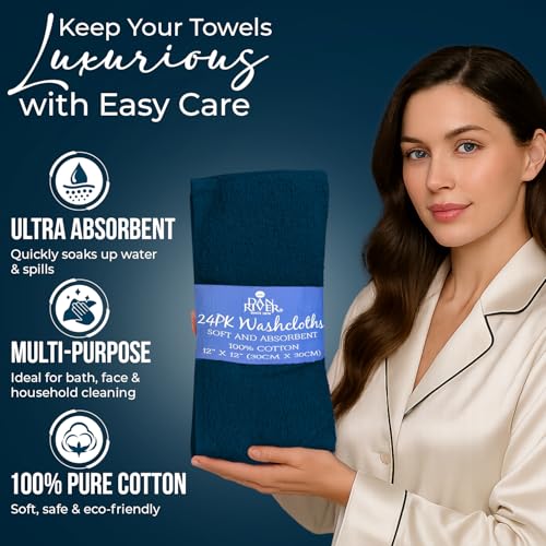 Image of DAN RIVER 24 Pack Wash Cloths for Showering [12x12] - 100% Cotton Washcloths Premium Quality Flannel Face Cloths for Bathroom, Highly Absorbent and Soft Feel Wash Clothes, Blue Opal