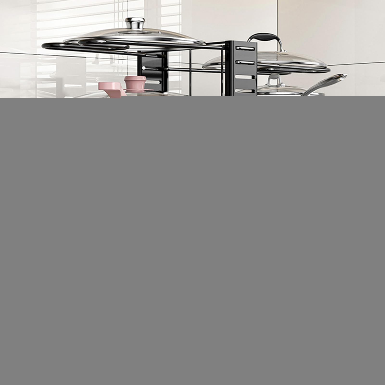Estante extensible para sartenes, 12 compartimentos ajustables, sin taladro, adhesivo para montaje en pared, soporte para ollas y tapa, solución de almacenamiento de cocina para armarios y armarios