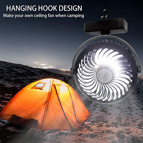 10000mAh Battery Operated Camping Fan with LED Lantern,Portable 8.6-Inch Rechargeable Tent Fan,70 Working Hours Max USB Desk Fan with Hanging Hook for Tent Car RV Hurricane Emergency Outages Office