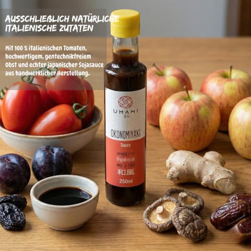 Umami Okonomiyaki-Sauce 250 ml, mit BIO-Obst und -Gemüse, hergestellt mit in Japan hergestellter handwerklich hergestellter Sojasauce, ohne Konservierungsstoffe, Farbstoffe oder GVO