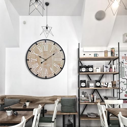 Large Farmhouse Rustic Wooden Wall Clock with Metal Frame and Large Engraved Numbers，Oversized Silent Retro Metal Wood Face Decorative Clock for Office Kitchen Bedroom Living Room (White, 30 inch) - image 8