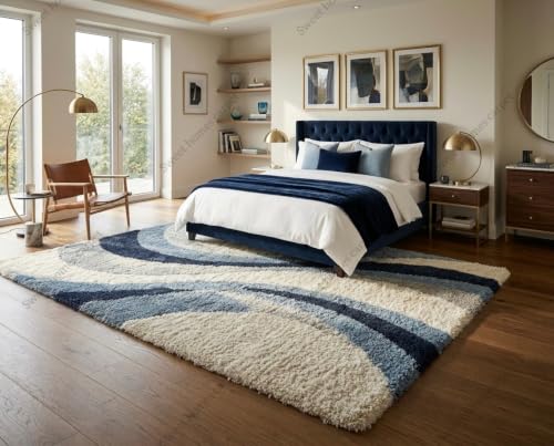 Image of SWEET HOMES Luxury Abstract Shag Rug, Thick Soft Square Area Carpet for Living Room, Bedroom, 11 x 11 Feet (335 x 335 cm), Slate Navy