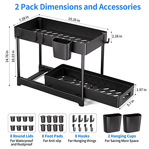 2 Pack Organizadores Bajo Fregadero con Cajón Deslizante, Organizador de 2 Niveles con 8 Ganchos y 2 Vasos Colgantes, Multiusos para Cocina y Baño, Negro miniatura 7