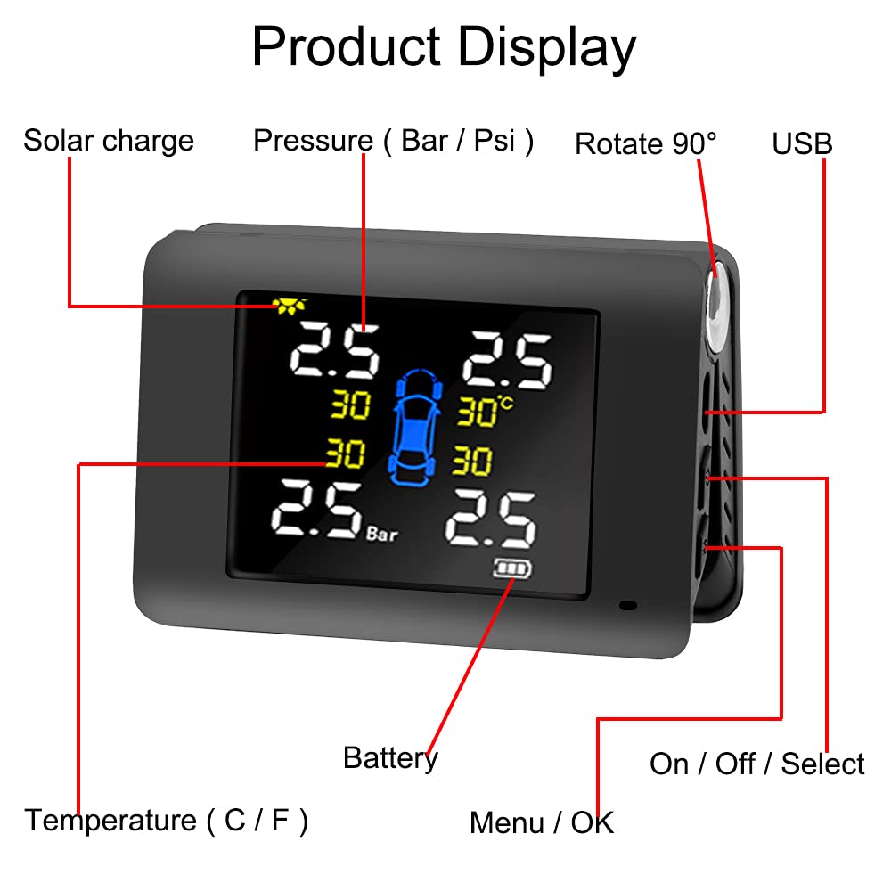 Tpms Système de surveillance de la pression des pneus de voiture Affichage de l'alimentation solaire avec 4 capteurs externes ou intégrés Capteur Pression Pneu (Color : Internal Sensors)