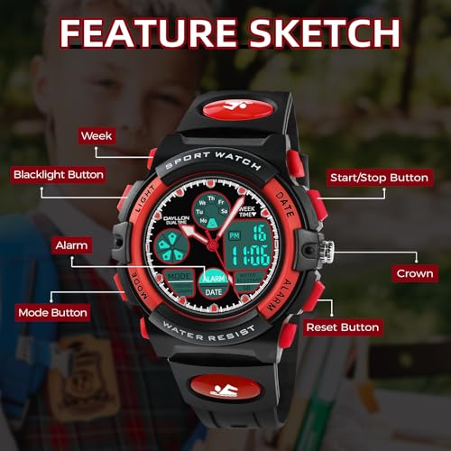Image of Dayllon Boys Watch,Kids Watch for 5-15 Year Old Boys,Digital Sport Outdoor Multi Function Waterproof with LED Alarm Calendar Analog Watch for Kids Gifts