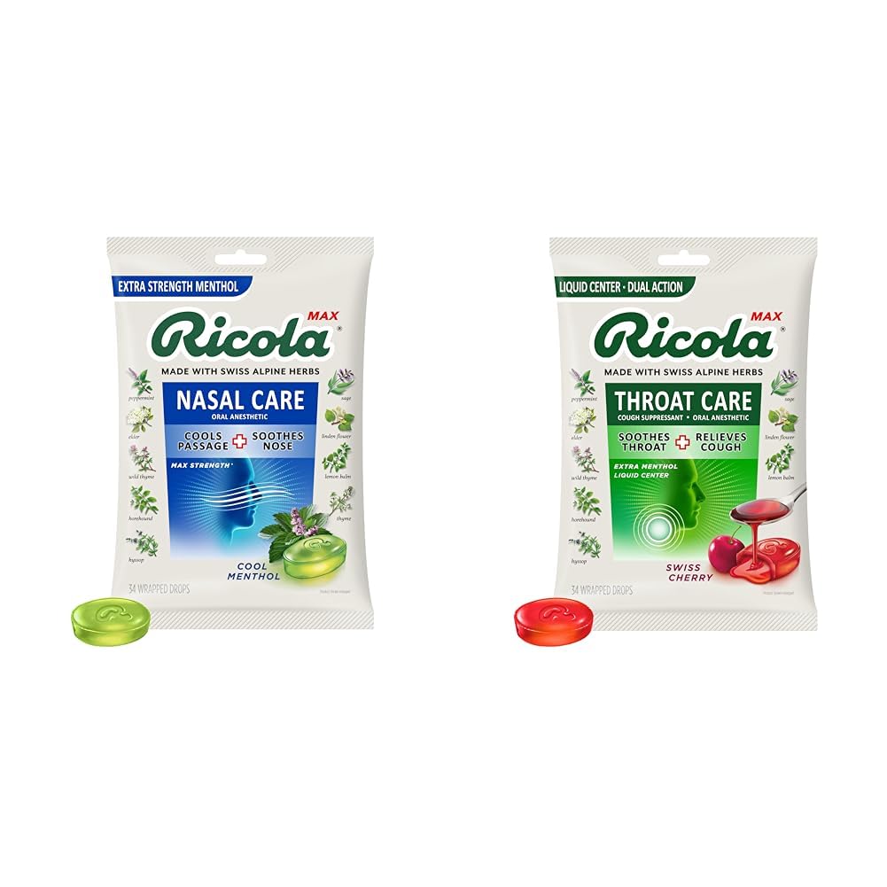 RicolaMax Cool Menthol Nasal & Swiss Cherry Throat Care Large Bags | Cough Suppressant Drops | Dual Action Liquid Center | Soothing Long-Lasting Relief - 34 Count (2 Pack)