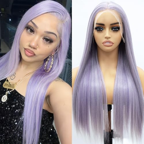 Fugady Long Light Purple Highlighted Glueless Straight Lace Front Wig Lavender 200 Density Pre Plucked Synthetic Heat Resistant Wig With Baby Hair Colorful Lace Wigs For Women Cosplay Party 26 inch