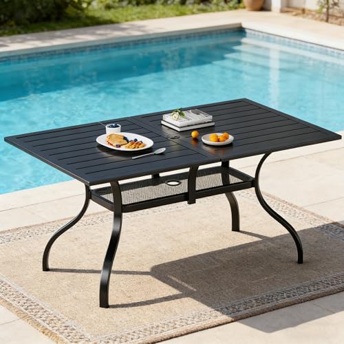SUNCROWN 60'x37' Black Patio Outdoor Dining Table Metal Steel Slat Rectangular Bistro Table for Porch Deck Garden Backyard Poolside, 1.57' Umbrella Hole