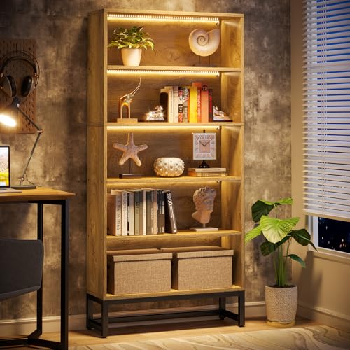 Image of Tribesigns Tall Bookcase and Bookshelf, 70.8 inch Large Bookcases Organizer with LED Lights, Heavy Duty Free-Standing Library Bookshelf with 5-Tier Storage Shelves for Living Room, Bedroom (Brown)
