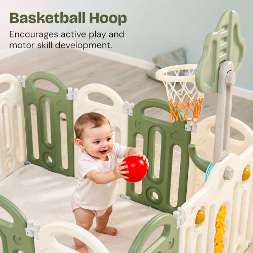 Image of Baybee Kids Playpen for Babies | Foldable Baby Play Area Indoor Setup with Basket Ball Hoop, Safety Door Lock & Double Knob | Outdoor Play Pen for Baby for 0 - 5 Years Boys Girls | Baby Activity Playards with Kids Customized Shapes (Green-14 Panels)