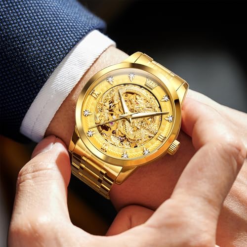 Image of OLEVS Dragon Skeleton Mens Automatic Watch 42MM Large Dial Gold Luxury Self-Winding Diamond Waterproof Stainless Steel Business Tourbillon Mechanical Watches