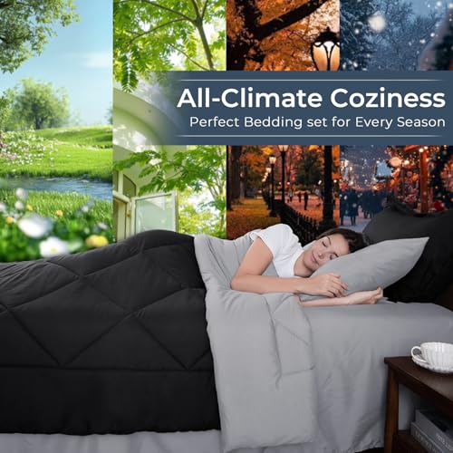 HEVUMYI King Comforter Set - 7-Piece All Season Bed in a Bag King, Ultra Soft Bedding Set with Comforter, Flat Sheet, Fitted Sheet, Pillowcases, Pillow Shams, Black & Light Grey