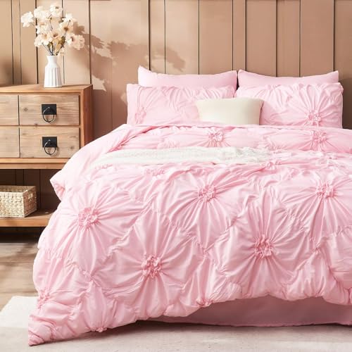 Image of Pink Comforter Set Queen Size Bed in A Bag 7 Piece Pinch Pleat Bedding Set, Pintuck Ruched Flowers Bed Set with Comforter, Sheets, Pillowcases & Shams